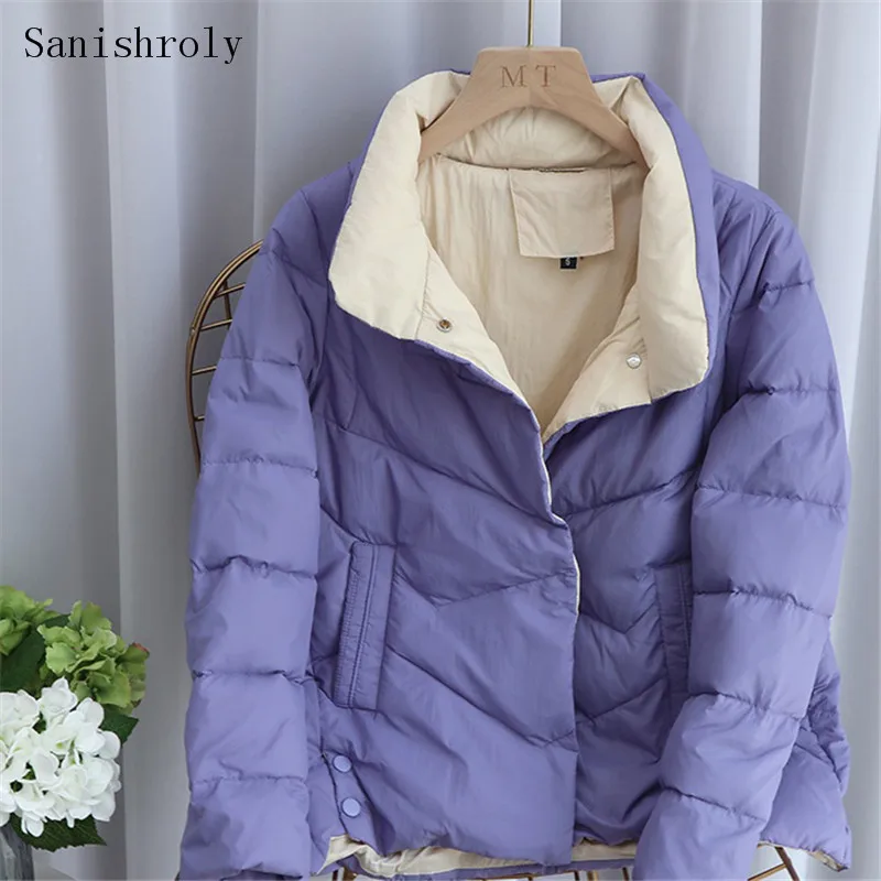 

Женский зимний пуховик Sanishroly, свободная ульсветильник куртка на белом утином пуху, парка, женская короткая верхняя одежда с воротником-стойкой, топы SE1078