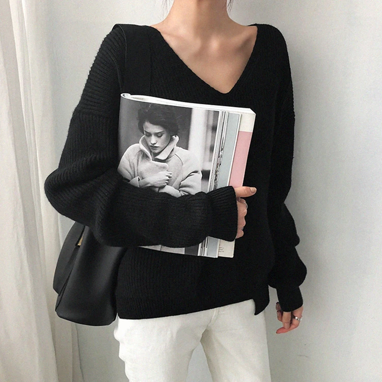 

Autumn Winter Basic Knitted Blue White Sweater Women 2019 Fashion Casual V-neck Female Pullovers Korean Loose lady Jumpers