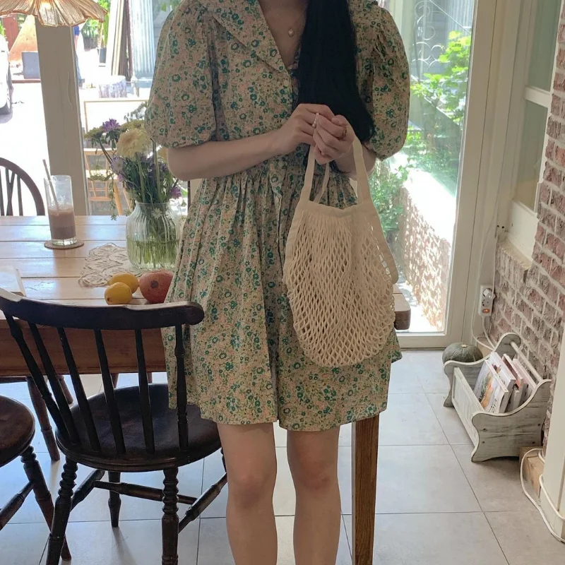 

Korean Chic Sweet Floral Dress Women Printing Peter Pan Collar Puff Sleeve Mini Vestidos De Mujer Party Birthday Cute Robe