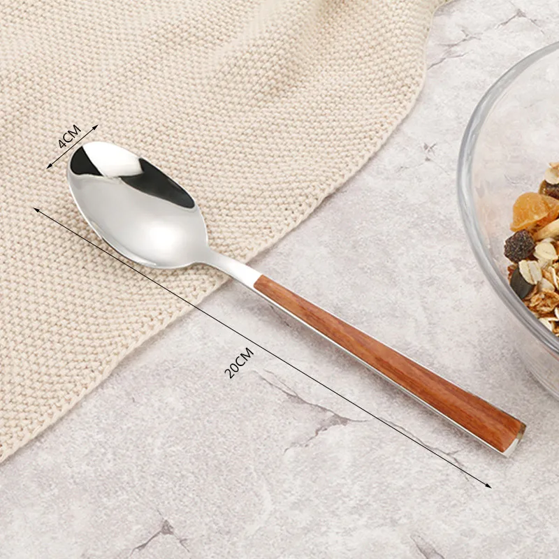 Dinner Spoon 304 нержавеющая сталь имитация нож с деревянной ручкой вилка ложка стейк Западный нож Европейская пищевая вилка ложка столовая посуда - Цвет: Dinner Spoon