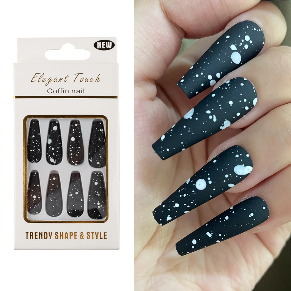 

30pcs/box high quality coffin false nails Nails Art Tips Designed with white dot snowflake style Press On Nail Tips Set