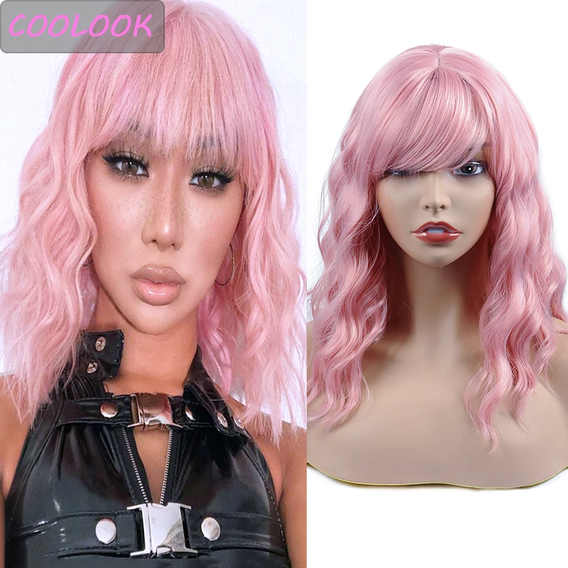 

Natural Wave Pink Wigs for Black Women Short Bob Wavy Wigs with Bangs African American Water Wave Lolita Wig Synthetic Fake Hair