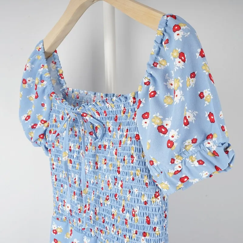 

2020 Women Summer New Square Collar A-Line Vestidos Sweet Ladies Fashion Blue Bow Long Dress Female Floral Print Dresses ML46