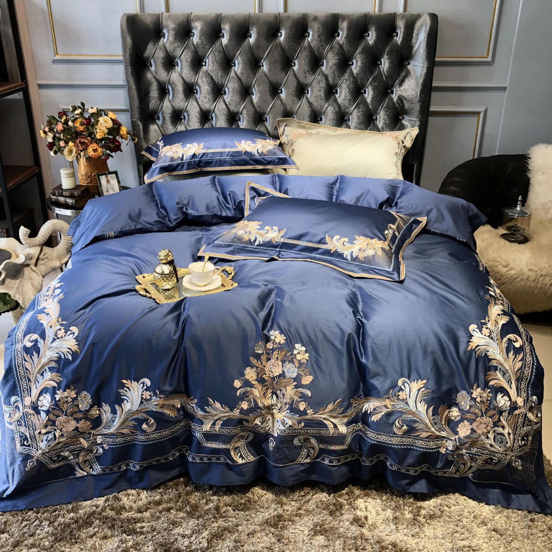 

Chimpange/Blue 4Pcs Duvet Cover 220X240 Embroidery Silk/Cotton Bedding Set Bed Linen Queen Size Bed Cover