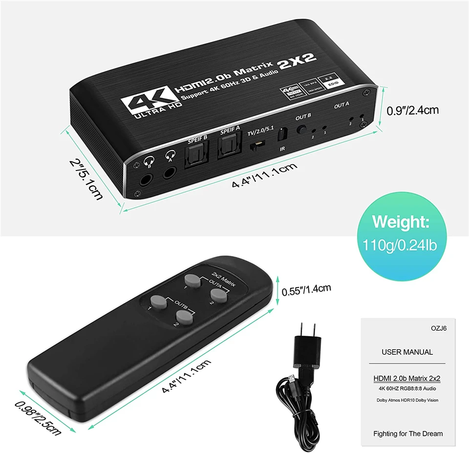 

2021 2x2 Matrix Switch Splitter with SPDIF and L/R 3.5mm HDR HDMI-compatible Switch 4x2 Support HDCP 2.2 ARC 3D 4K@60Hz for PS5