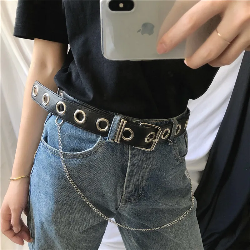 

2021 New Fashion Harajuku Women Punk Chain Belt Adjustable Black Single Eyelet Grommet Metal Buckle Leather Waistband For Jeans