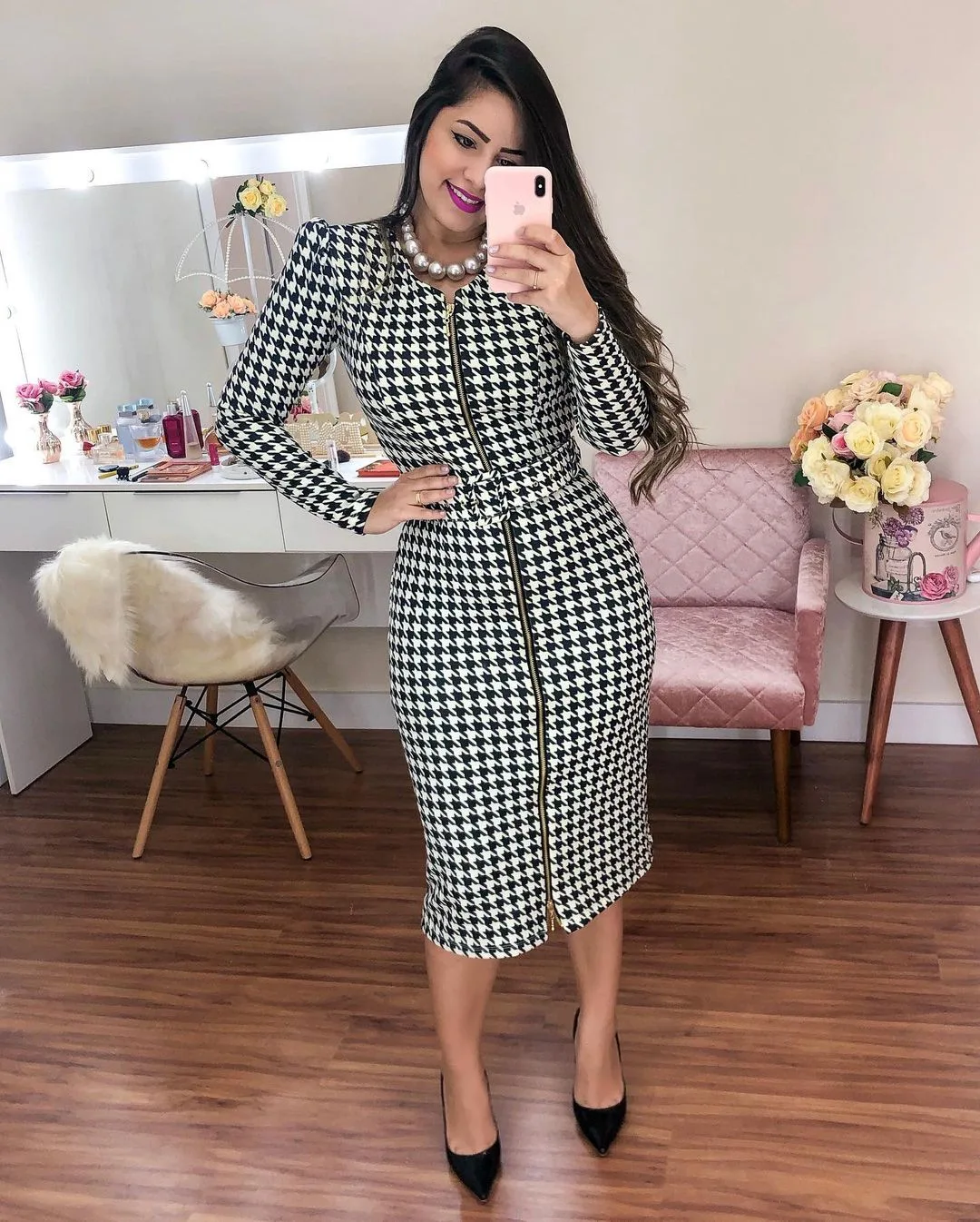 

Женское платье до колен во французском стиле, классическое элегантное платье-футляр с длинным рукавом и галстуком-бабочкой, для работы и оф...