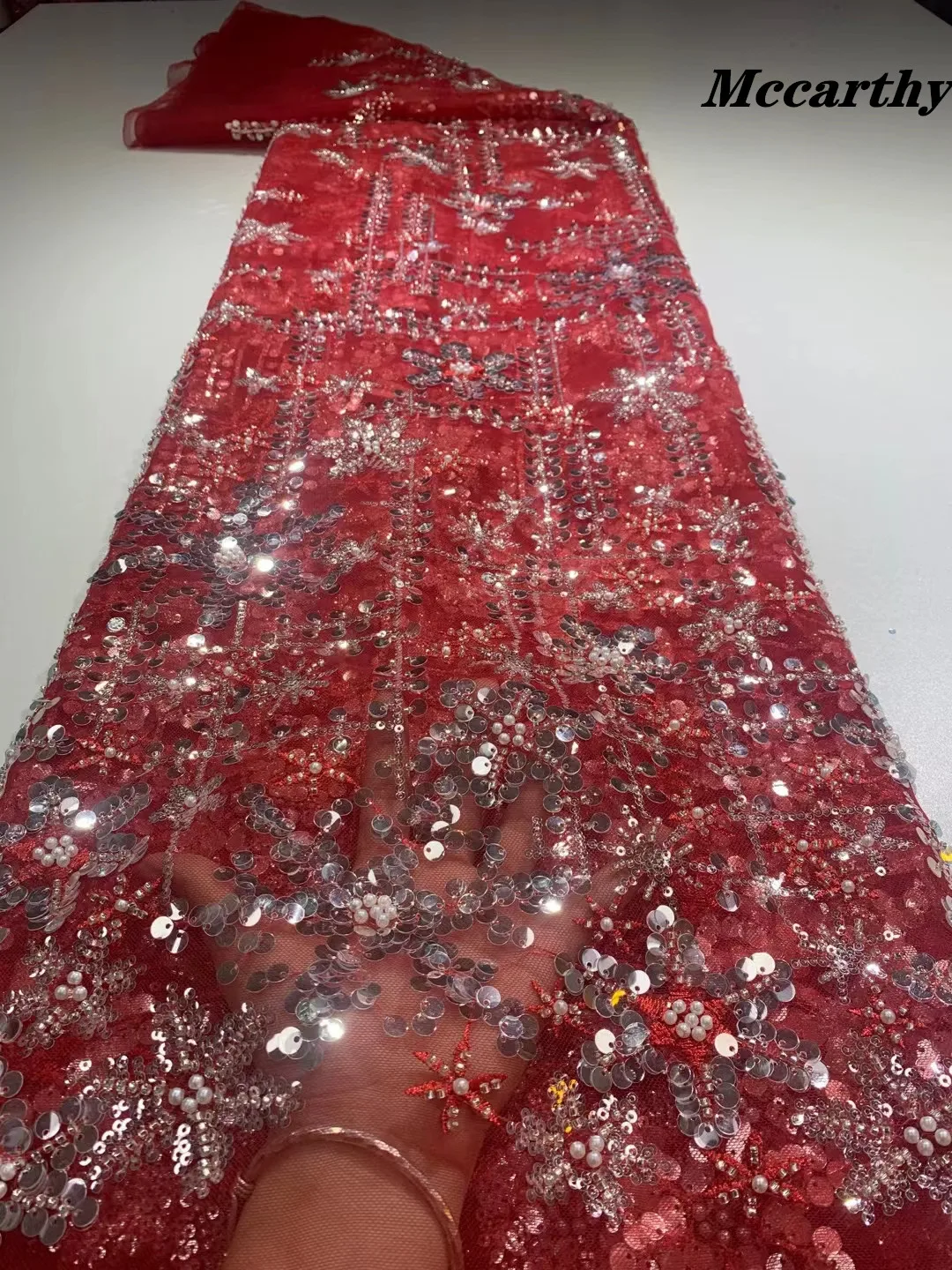 

High Quality African Tulle Lace Fabric Handmade Beads Sequins Laces Fabrics Nigerian Bridal Lace Fabric French Net Mesh Lace