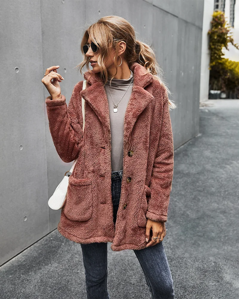 

2021 Winter European and American Plush Coat with Thick Plush Lapel