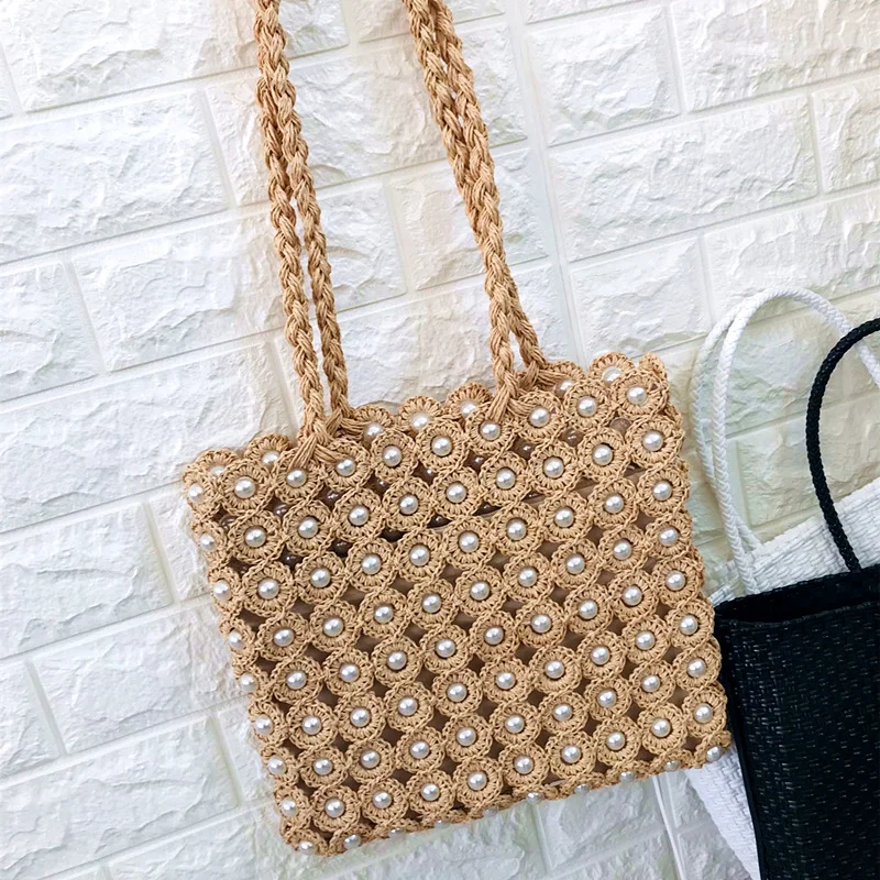 

Brand Designer Straw Bags 2021 Summer Fashion Pearl Totes Bag for Women Bohemian Headmade Beading Handbags Beach Vacation Travel