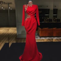 muslim red evening dresses 2021 new high collar full sleeves beaded mermaid evening dress dubai saudi arabic formal party gowns