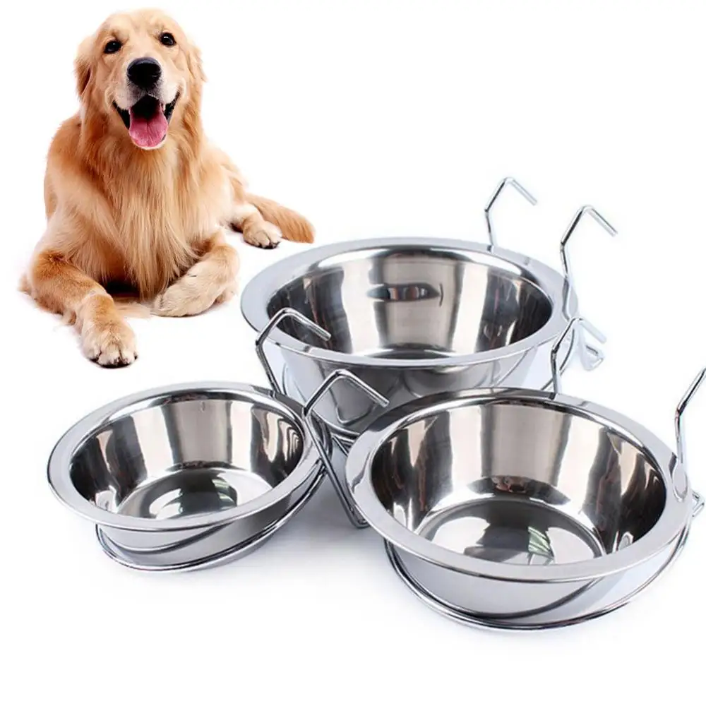 

Silver Metal Cute Dog Pet Bowl Cage Crate Non Slip Hanging Food Dish Water Feeder With Hook Large-capacity Round Food Snack Tray