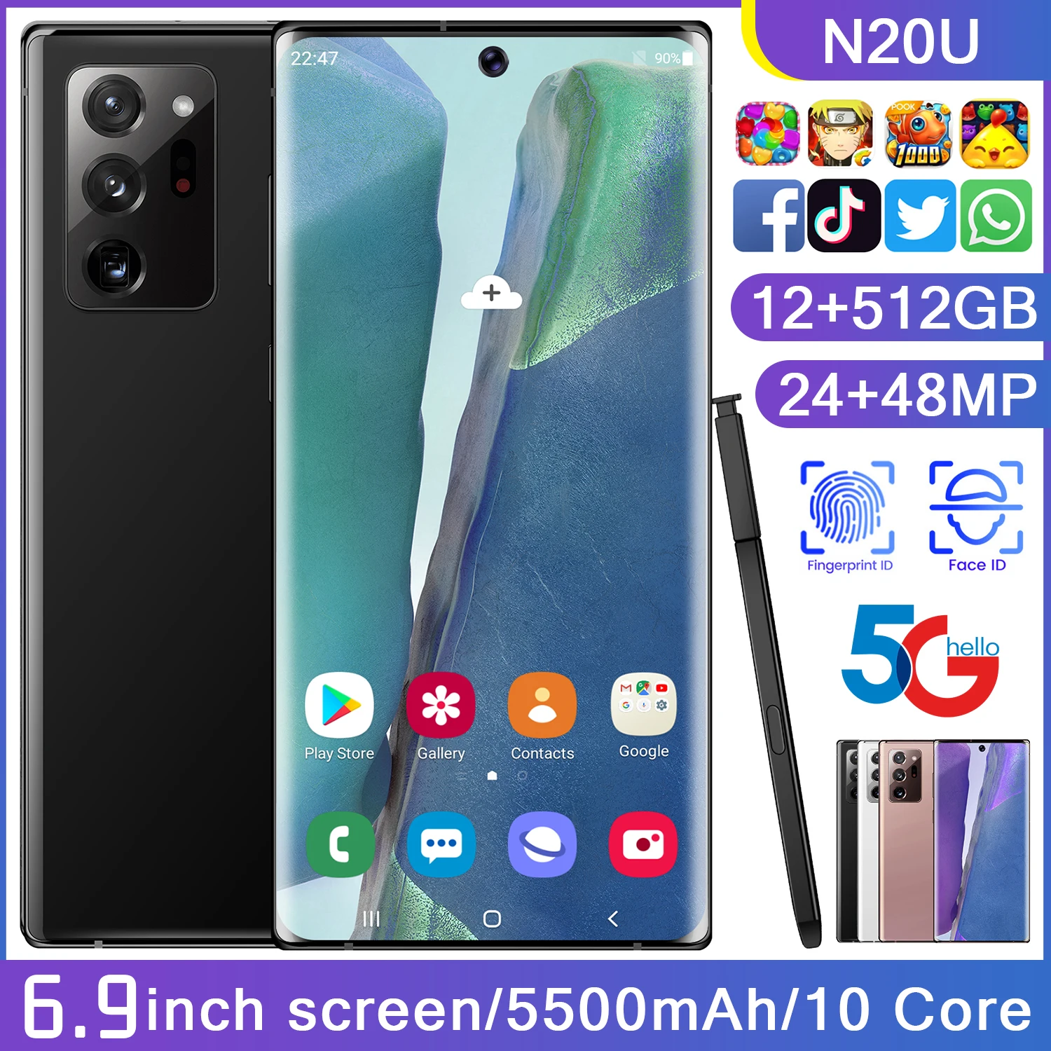 

New Arrival N20U 6.9 Inch Full Screen 12+512GB 5500mAh 12+48MP HD Camera Andriod Face Finger ID 10 Core Dual SIM Smartphones