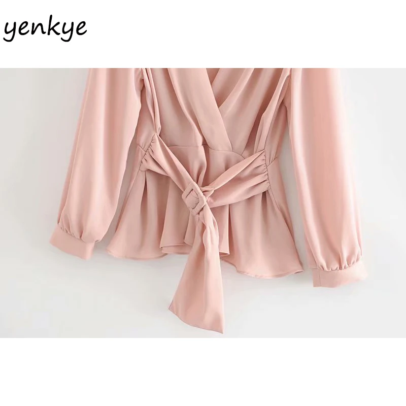 Модная женская однотонная блузка с поясом рубашка v-образным вырезом и длинным