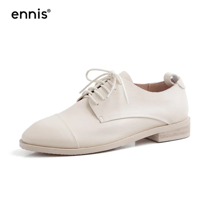 Beige ENNIS/ г. Модная женская повседневная обувь из натуральной кожи осенние туфли-оксфорды на плоской подошве с круглым носком на шнуровке желтого, бежевого, красного, черного цвета C9115 - Цвет: Beige