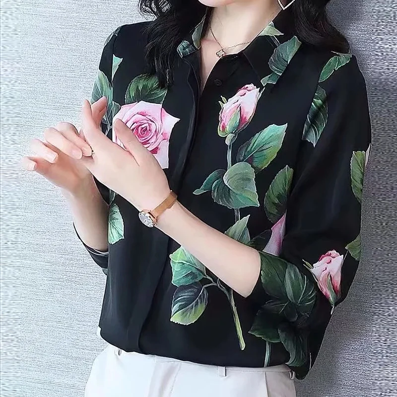 

MIUXIMAO 2022 New Spring Women's Clothing Lapel Long Sleeve Printing Slim Shirt Fashion Elegant Office Style