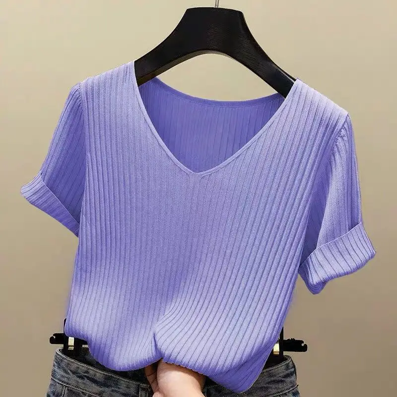 

2021 New Solid Korea Summer T-shirt Knitted Short Sleeve Shirt Women Tops Thin V-neck Knit Female Tee Shirt Casual T Shirt 13539