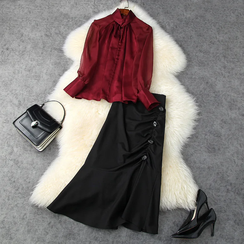 

Skirt Suits Women Autumn 2020 New Stand Collar Long Sleeved Loose Top + High Waist Pleated Mermaid Skirt Elegant Two Piece Set