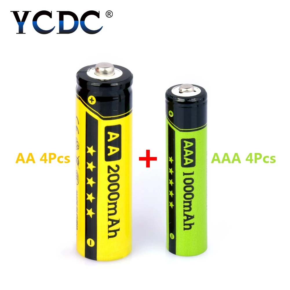 4 шт. AA + AAA перезаряжаемые 1 2 V 2000mAh 1000mah NIMH батарея фонарик игрушки часы MP3 плеер