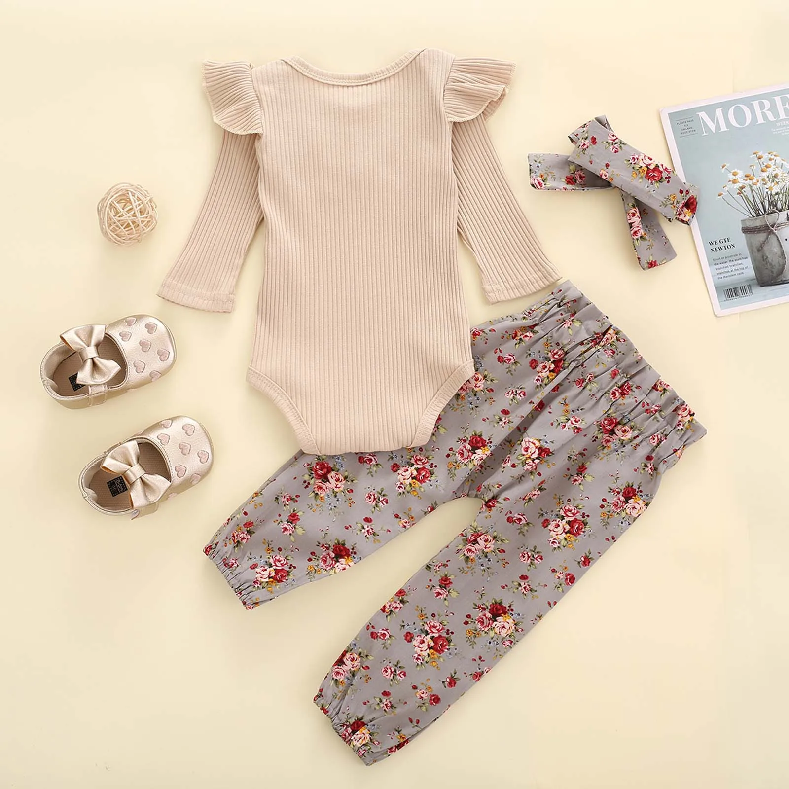 Хлопковый комбинезон в рубчик с длинными рукавами брюки штаны цветочным принтом