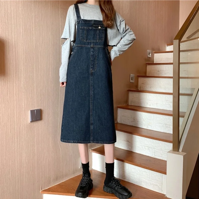 

Loose Slimming High Waist Denim Suspender Skirt Summer 2021 New Spring and Autumn Mid-Length Skirt for Women Ins Fashion