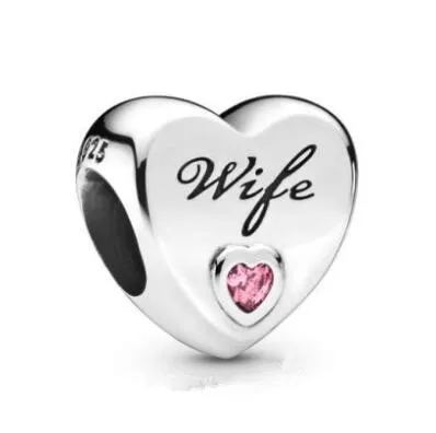 

Genuine 925 Sterling Silver Bead Charm Pink Wife Love Heart Charm Fit fashion Bracelets & Necklace Women Diy Jewelry