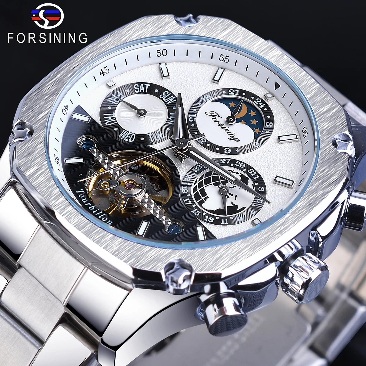 Forsining квадратные мужские механические часы турбийон Лунная фаза календарь
