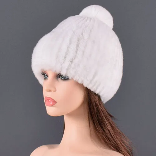 White Сапоги для русской зимы, шапка на кроличьем меху для Для женщин на резинке, отделка из овчины, теплые вязаные шапки с кроличьим мехом шапки с помпонами природный натуральный мех Шапки - Цвет: White