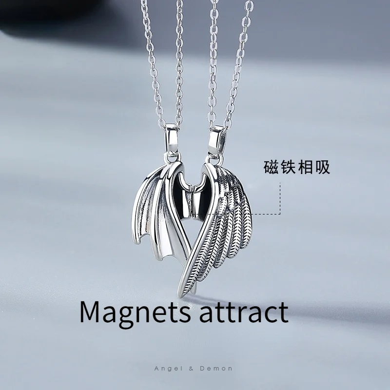 

100% real 925 Sterling Silver Devil and Angel New Lovers Fashion Jewelry Necklace High Quality Pendant Thai silver Necklace 45cm