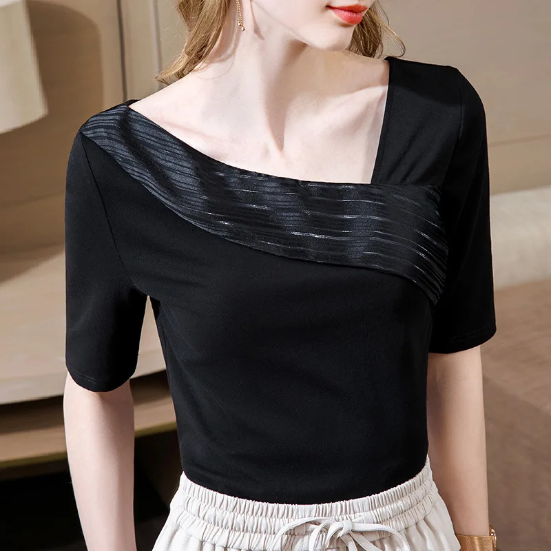 

5-sleeve T-shirt women's 2021 spring new women's slant shoulder V-neck Chiffon splicing cotton T-shirt French clavicle top