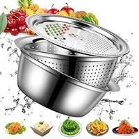 3 in 1 stainless steel drain basket vegetable cutter cheese grater vegetable fruit rice food washing bowl strainer set