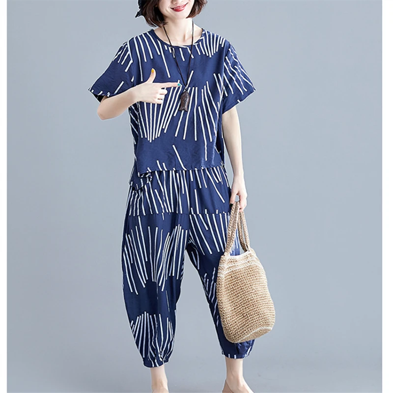 

2021 Summer New Fashion Plus Size Women's Loose Cotton And Linen Short-Sleeved Top + Harem Pants Two-Piece Suit Trendy H470