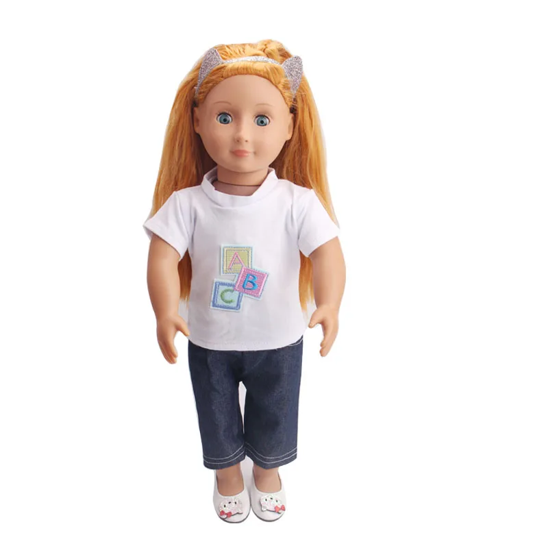 

18 Inch American Doll Girls ABC Short Sleeve Suit + Black Pants Newborn Dress Baby Toys Fit 40-43 Cm Boy Dolls c220