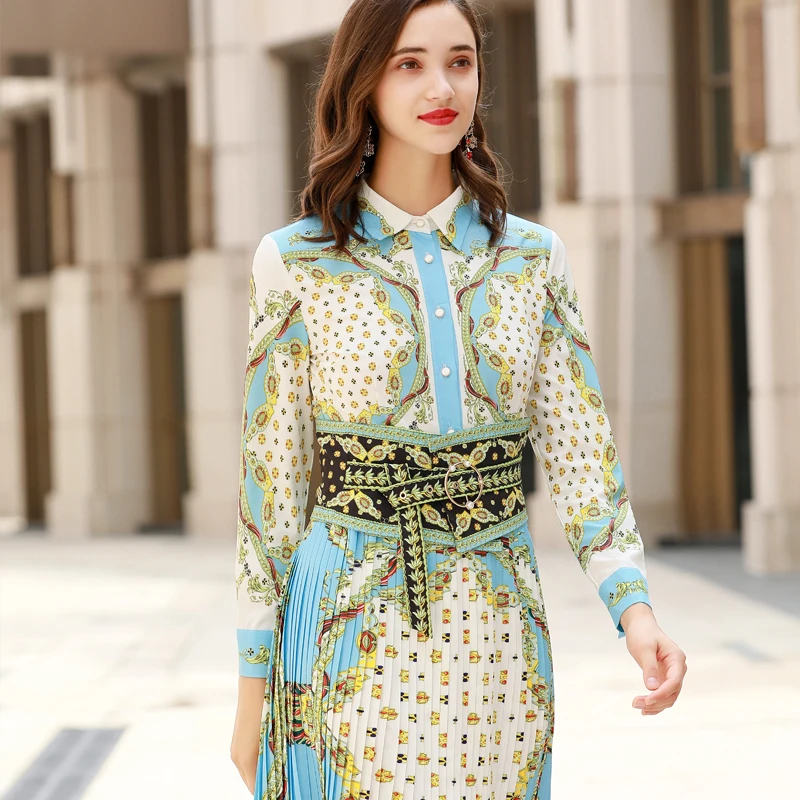 Осеннее женское платье Moda Feminina, женское Плиссированное Платье с принтом, длинный рукав, пояс с бантом, винтажное элегантное вечернее платье Sukienka