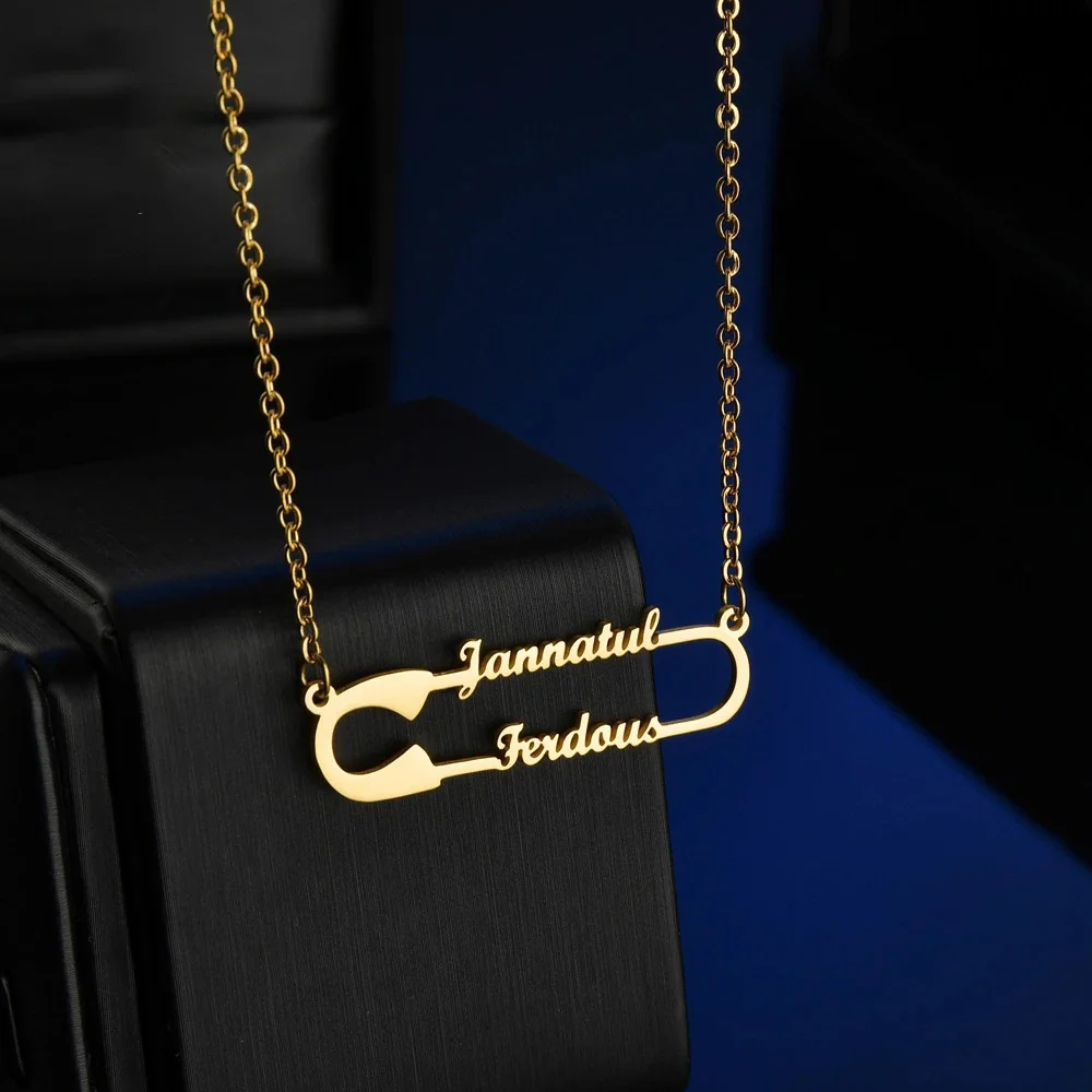 

Memento Custom Double Names Necklace With Clip Pin Pendant Personalized Nameplate Stainless Steel Women Jewelry Anniversary Gift