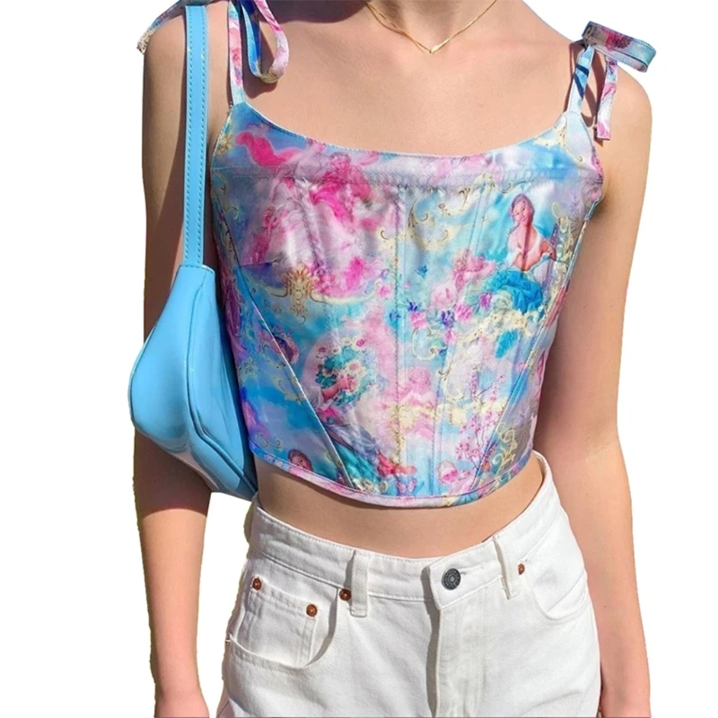 

Women Sexy Tie-Up Strap Bustier Crop Top Angel Graphic Lace-Up Corset Camisole L41B