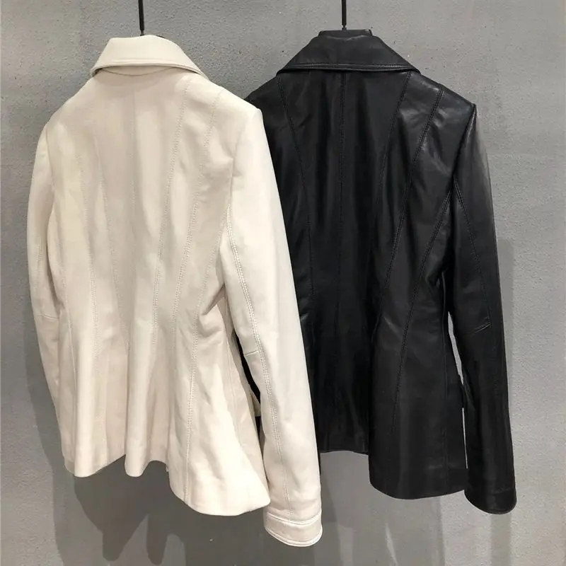 Fashion Brand Autumn Real Leather Coat Women Casual Slim Fashion Streetwear Sheep Leather Jacket Black White Female Clothes