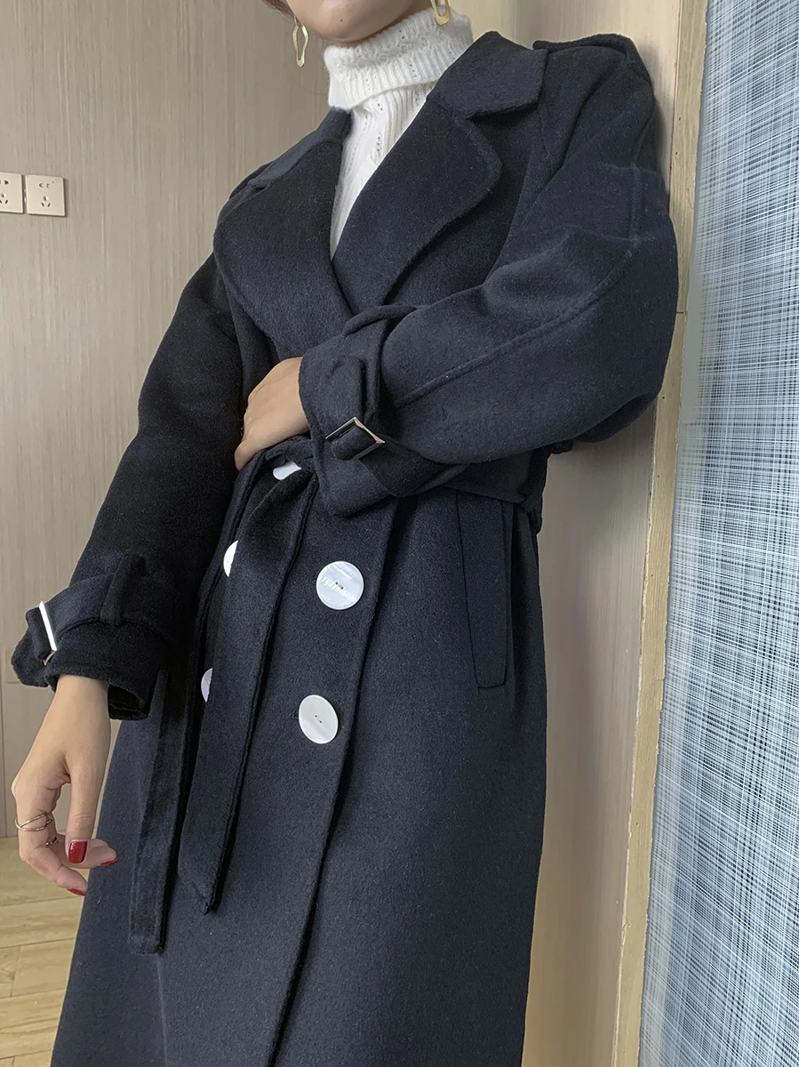 

2020 New Double-sided Wool Coat Solid Color Simple Double-breasted Lapel Long Coat With Belt M368