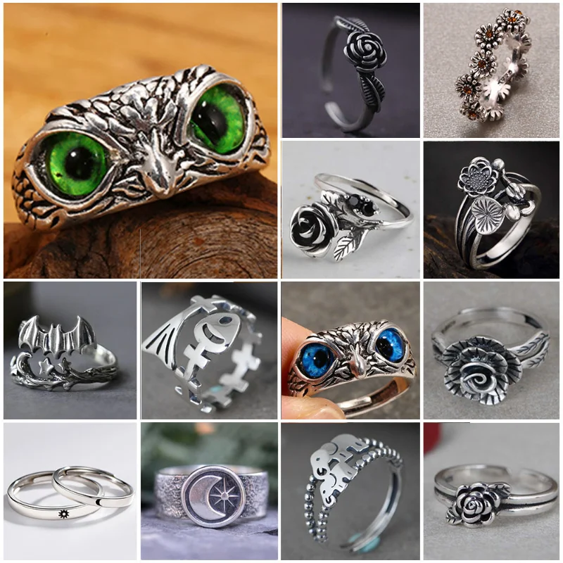 Женское посеребренное кольцо в виде совы звезды Луны солнца слона|Кольца| |
