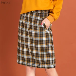 ARTKA 2019 Осень Зима Новая женская юбка винтажная Клетчатая Шерстяная Юбка с высокой талией плотные длинные юбки с карманами и поясом QA10093D