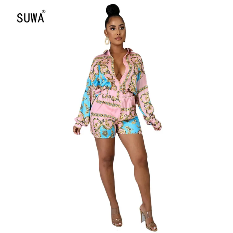 

Fashion Retro Style Print Women Suit Hot Sale Spring Shirt Top And Shorts Femme Tracksuit Female 2 Piece Set Outfits