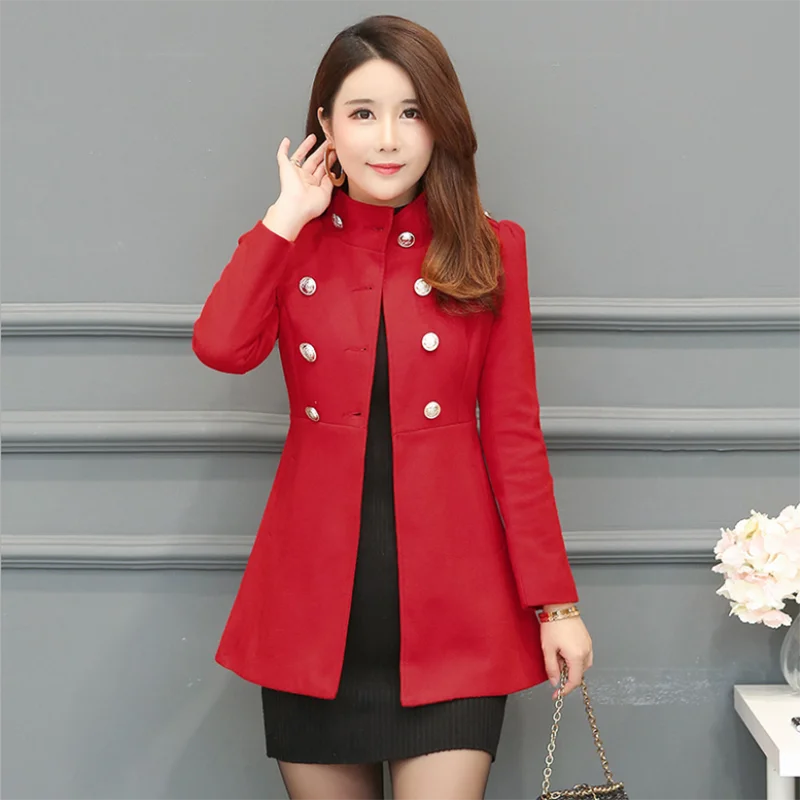 

Leiouna Double Breasted Mandarin Collar Woolen Coat Women's Fashion Medium Long Slim Women's Winter Coats Overcoat