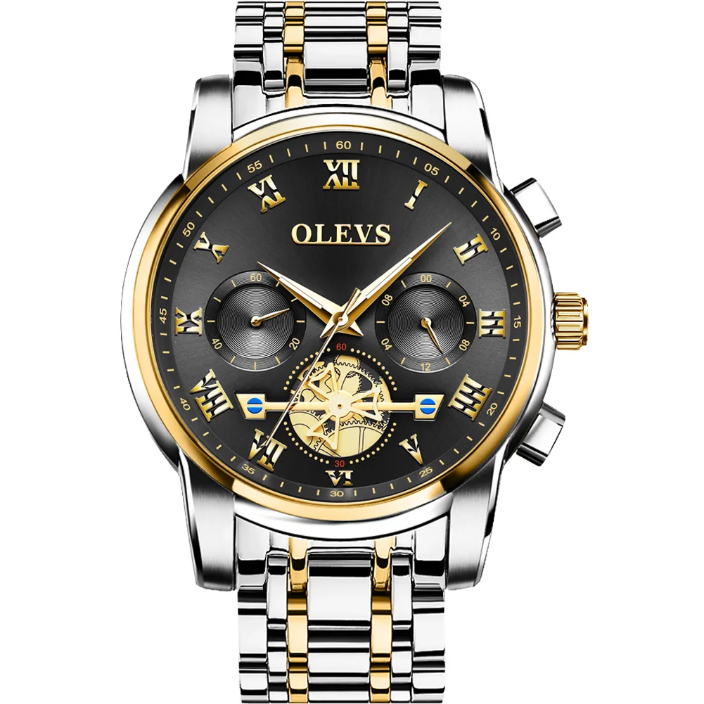 OLEVS Watch Men Fashion Tourbillon Chronograph Stainless Steel Hollow Waterproof Sports Luminous Hands Wristwatch Gifts for Mens