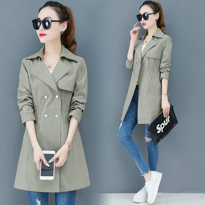 Осень 2019 новая мода женский двубортный плащ хаки средней длины пальто Тонкая