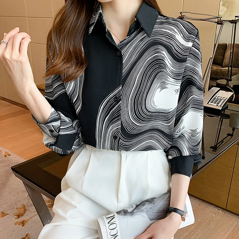 

Fashion Women Shirts Long Sleeve Shirt Ink-And-Wash Rendering Design Retro Loose Female Clothing Top OL Style
