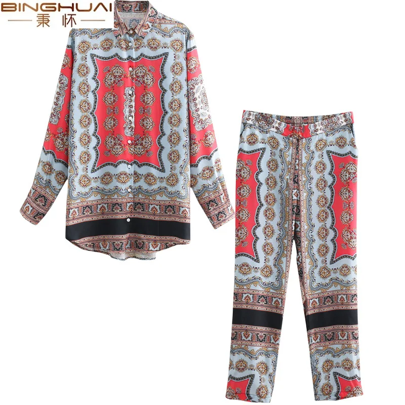 Женский комплект из двух предметов: рубашка с принтом и брюки завышенной талией