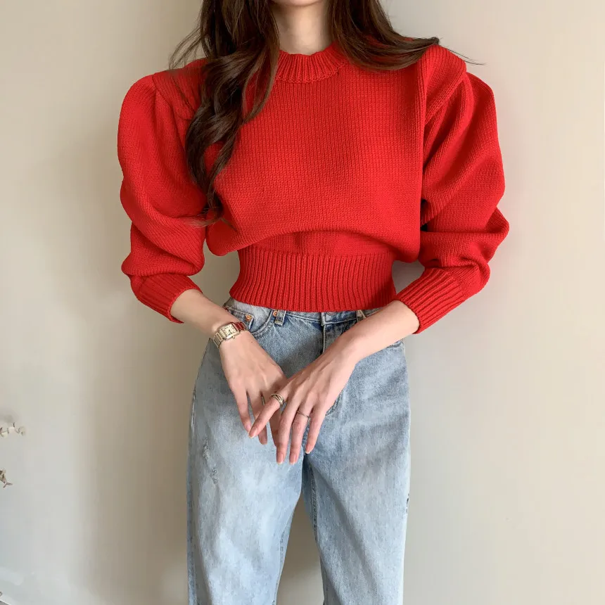 

Прямая поставка, женский осенний свитер, пуловеры с О-образным вырезом и зауженной талией, универсальная вязаная теплая одежда с рукавами-ф...