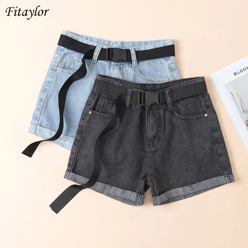 

Fitaylor 2021 New Spring Summer Women Retro Blue Denim Shorts with Belt Casual Female Wide Leg Loose High Waist Jeans Shorts