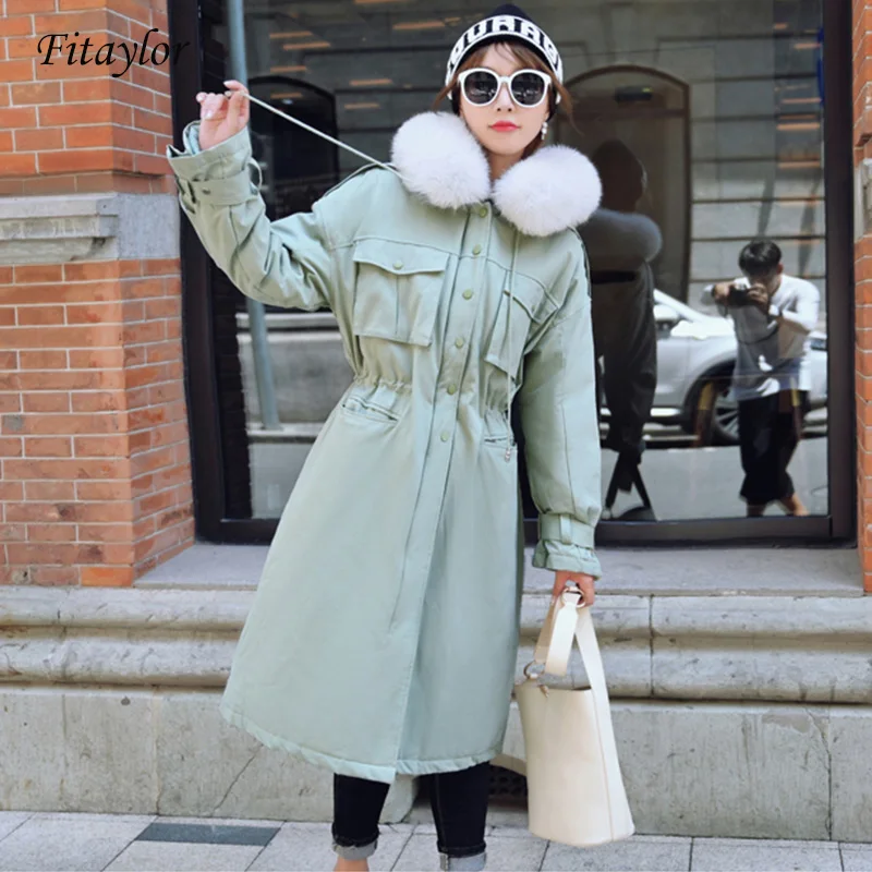 Fitaylor женский пуховик с большим воротником из натурального меха енота Толстая
