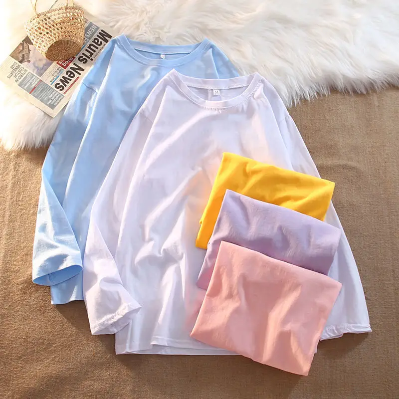 

Long-sleeved t-shirt women spring and autumn Korean loose student solid color bottoming shirt top graphic t shirts